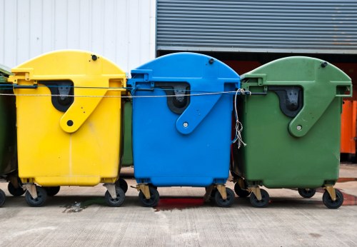 Three large, wheeled rubbish bins are positioned side by side on a concrete surface in front of a building with metal cladding panels. The left bin is bright yellow, the middle bin is vibrant blue, and the right bin is green, each equipped with black lids and orange-colored wheels. The lids are closed, and the bins are clean with smooth surfaces, reflecting light evenly. The background includes the lower part of a building wall with horizontal metal siding, and part of a large, darker shutter or garage door is visible behind the bins. The scene is well-lit, likely outdoors during daytime, and the image focuses on outdoor waste management containers, relevant to rubbish removal services in London or the surrounding areas.